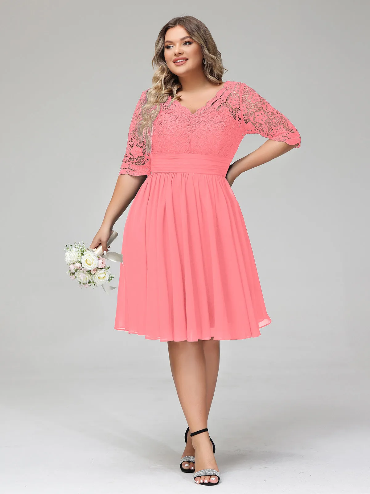 Lace and Chiffon Short Dress with Half Sleeves Watermelon