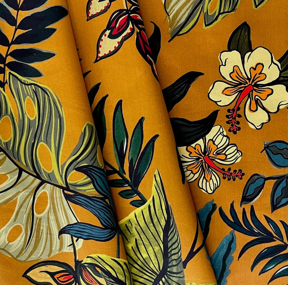 Monsteras & Orchids on Bright Ochre Cotton Poplin (Made in Italy)