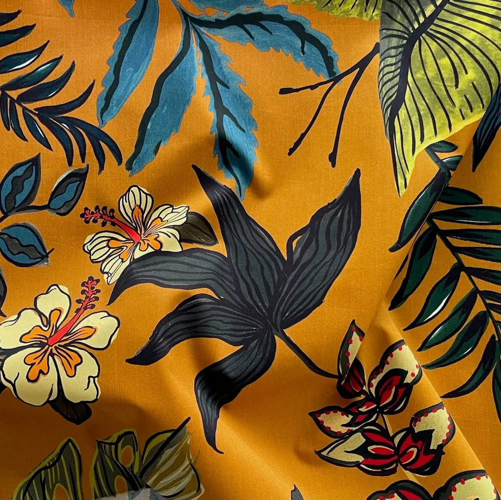 Monsteras & Orchids on Bright Ochre Cotton Poplin (Made in Italy)