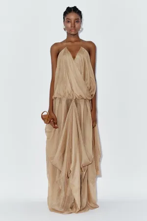 Ocean Blouson Draped Chiffon Maxi Dress