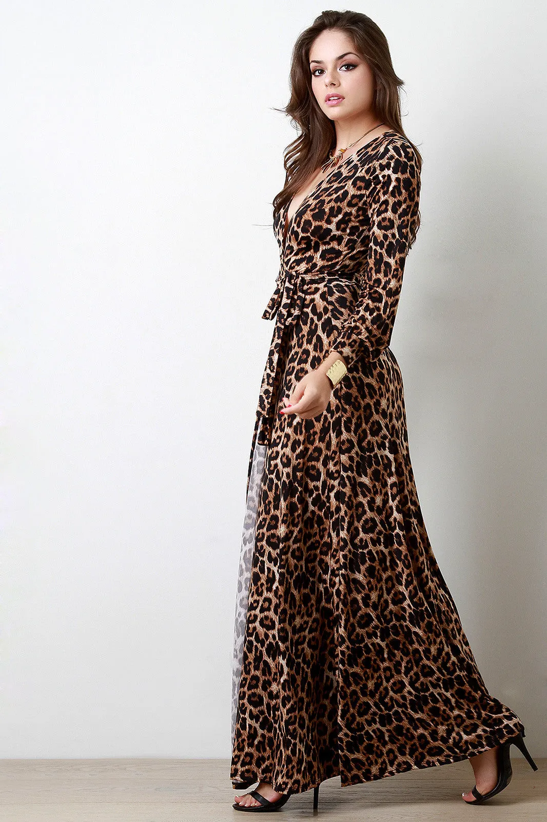 Safari Leopard Surplice Longsleeve Maxi Dress