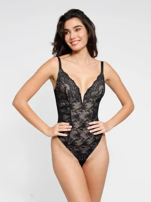 Shapewear Lace Deep V-Neck Low Back Hourglass Thong Bodysuit