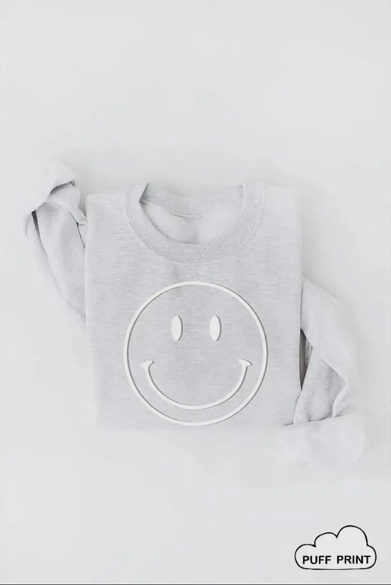 Smiley Graphic Pullover Sweatshirt: Heather Grey