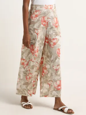 Utsa Taupe Floral Pattern Mid-Rise Palazzos