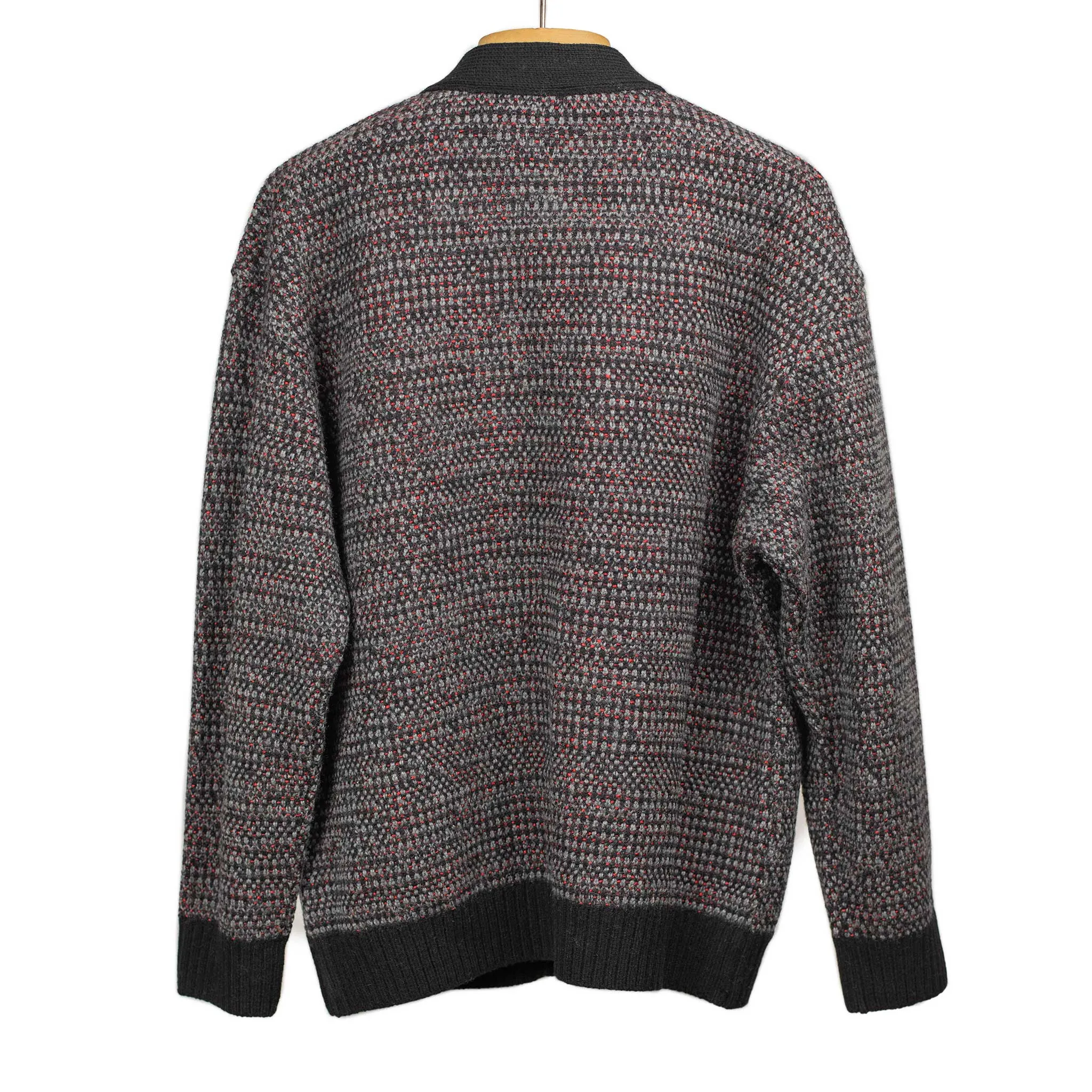 V-neck cardigan in black, grey, and crimson wool mix