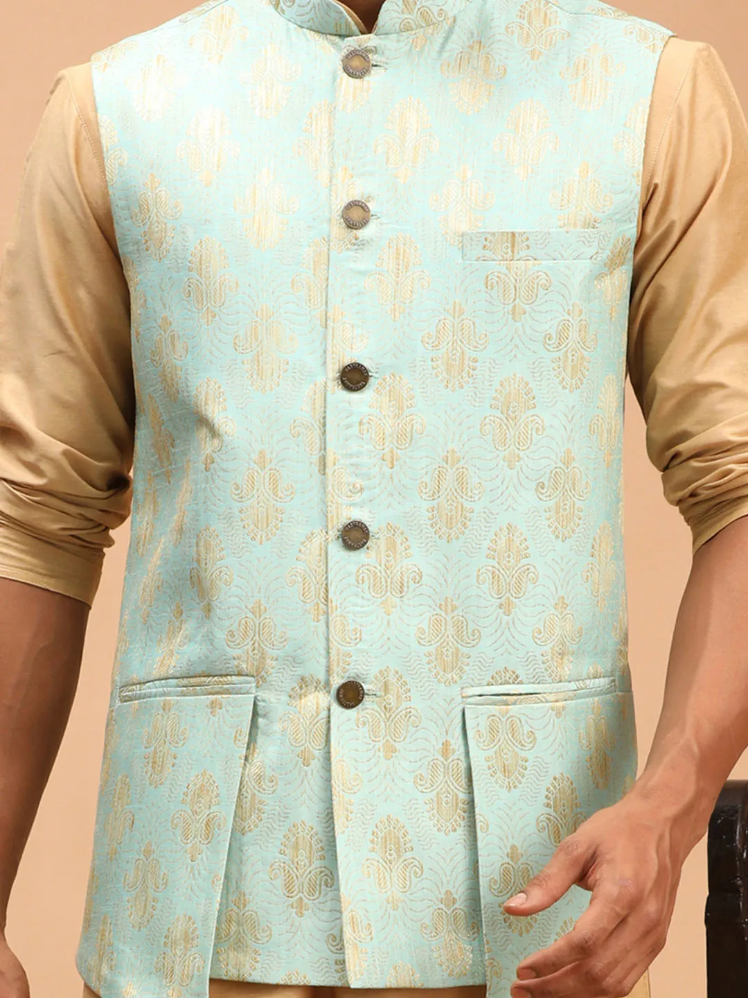 Vastramay Men's Green Woven Ethnic Jacket Set